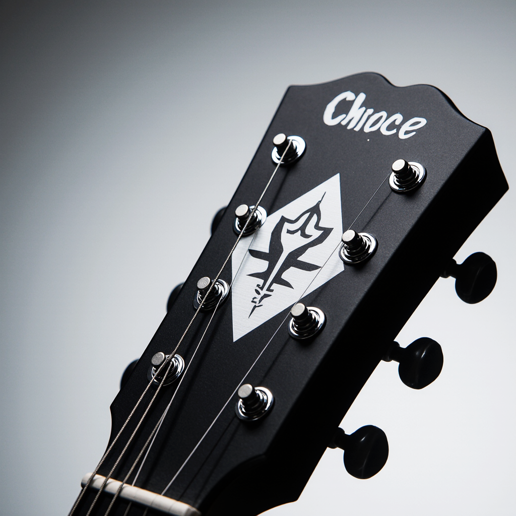 White headstock decal applied to a black guitar headstock