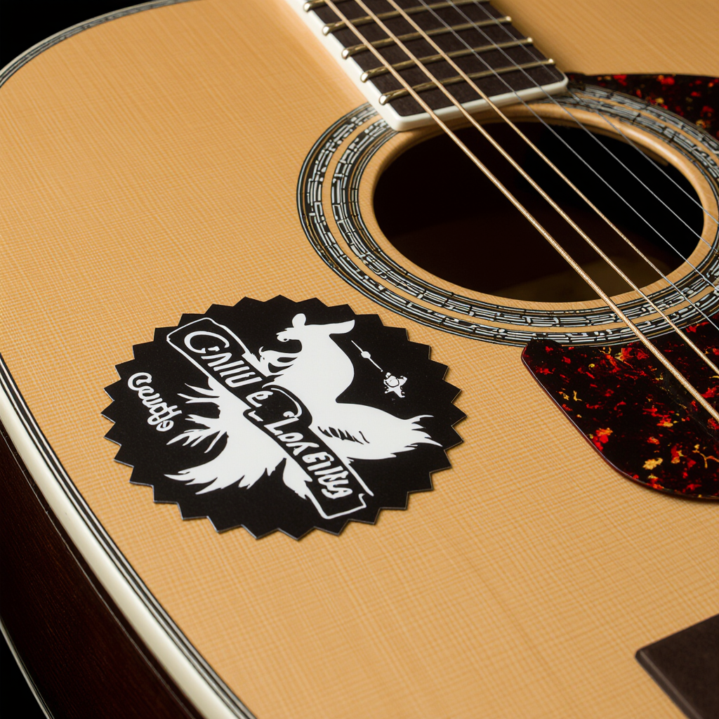 Round decal applied to an acoustic guitar top beside the soundhole